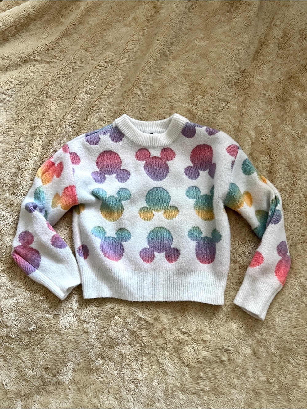 DISNEY Minnie Mouse White & Rainbow Mickey Face Crewneck Sweater Size S